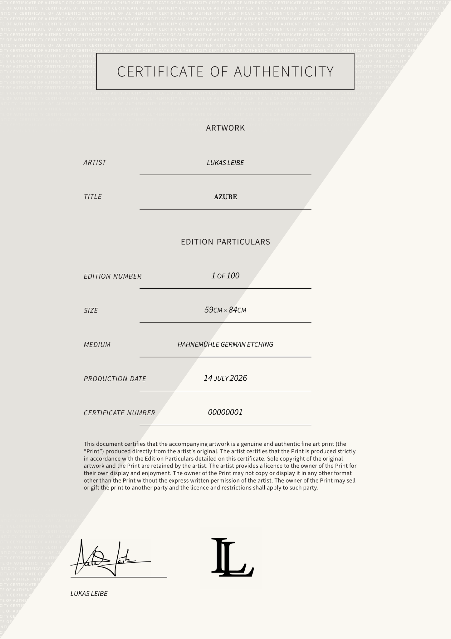 Azure — Certificate of Authenticity