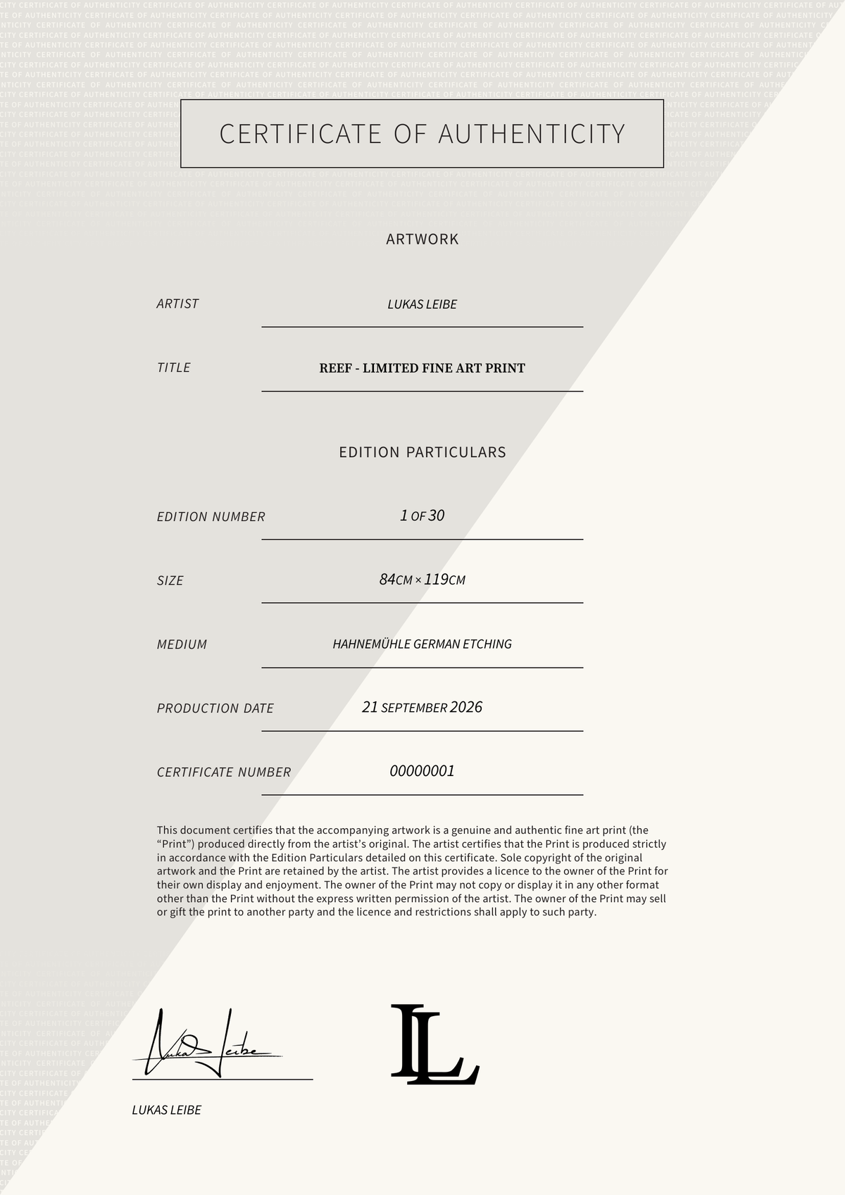 REEF - LIMITED FINE ART PRINT — Certificate of Authenticity